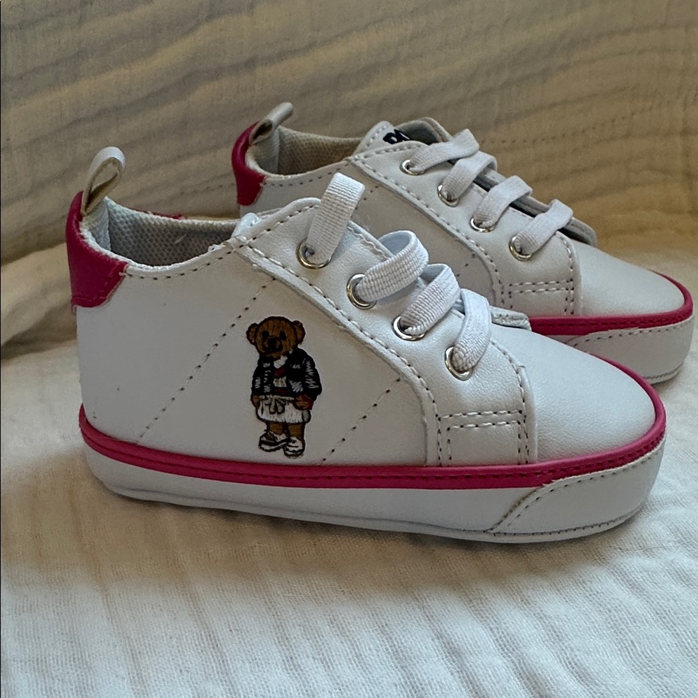 Ralph Lauren White  and Pink Bear Crib Sneakers- infant size 3